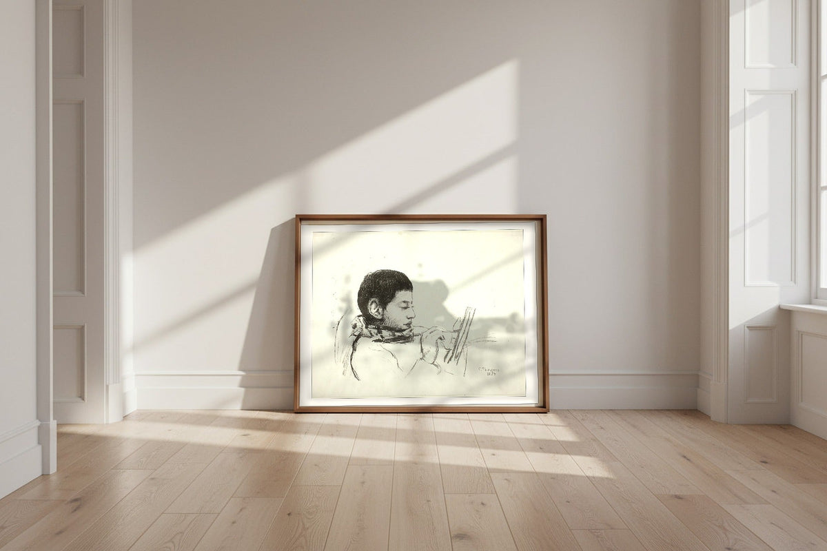 Portrait of Lucien Pissarro — Camille Pissarro Fine Art Poster shown framed and leaning against a wall in a sunlit room