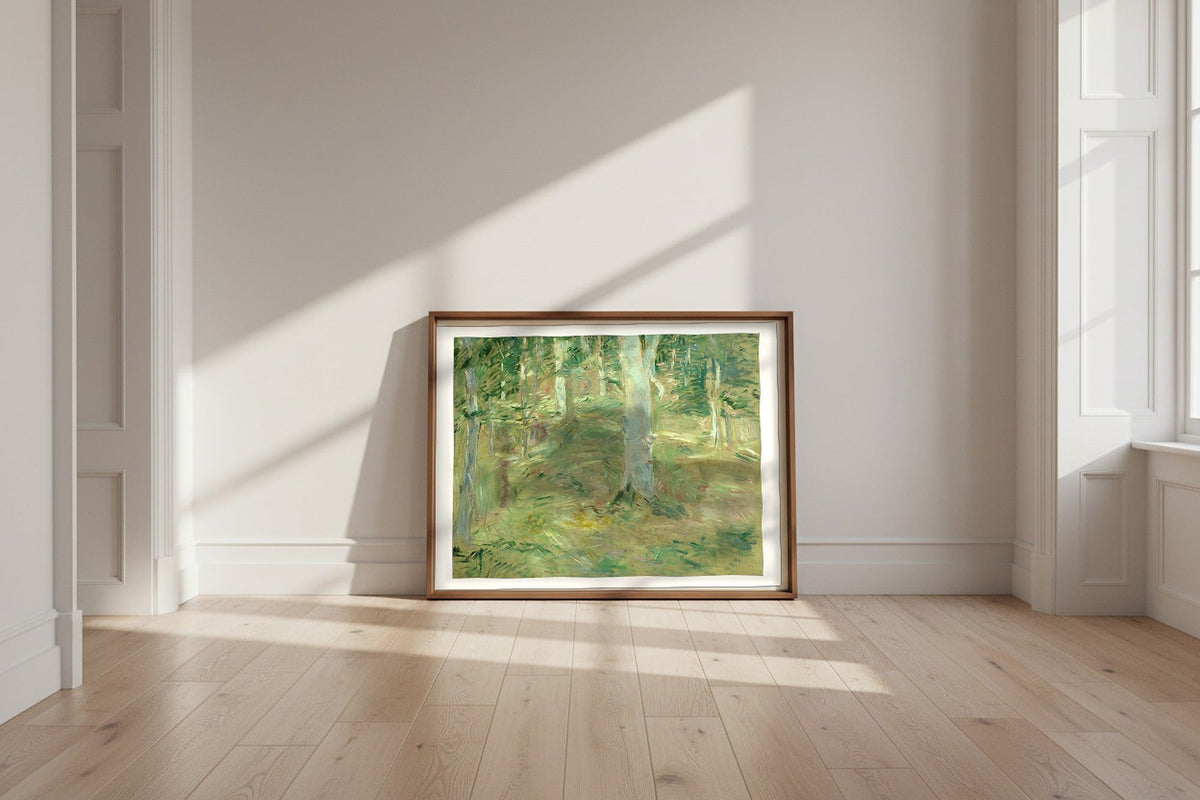 The Forest of Compiègne — Berthe Morisot Fine Art Poster shown framed and leaning against a wall in a sunlit room