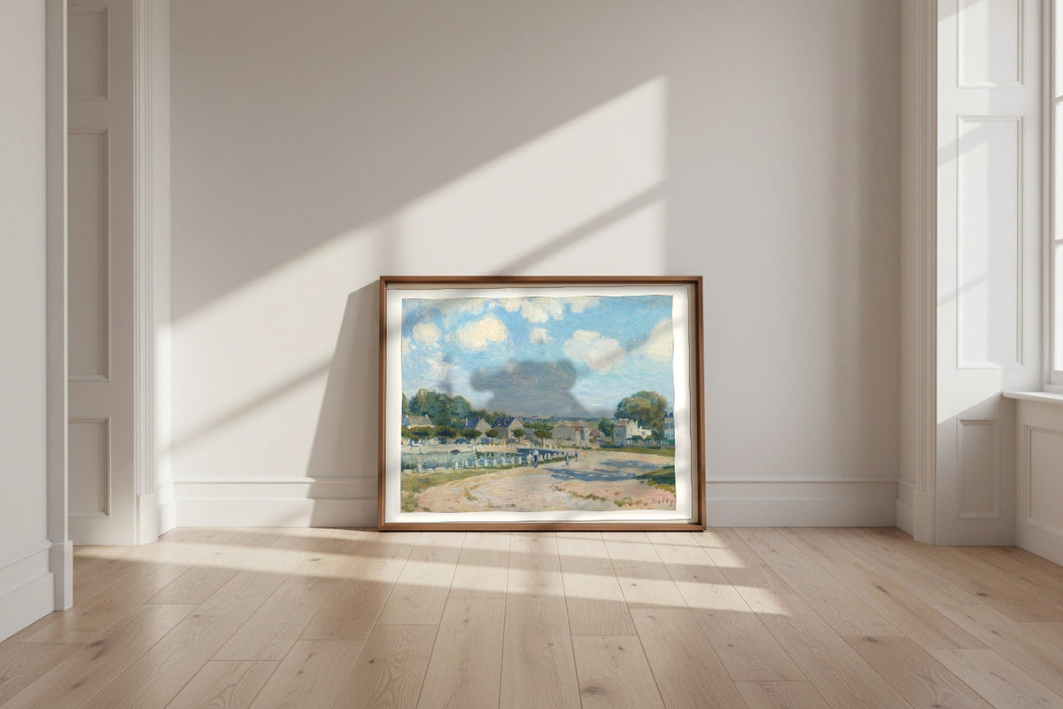 Watering Place at Marly — Alfred Sisley Fine Art Poster shown framed and leaning against a wall in a sunlit room