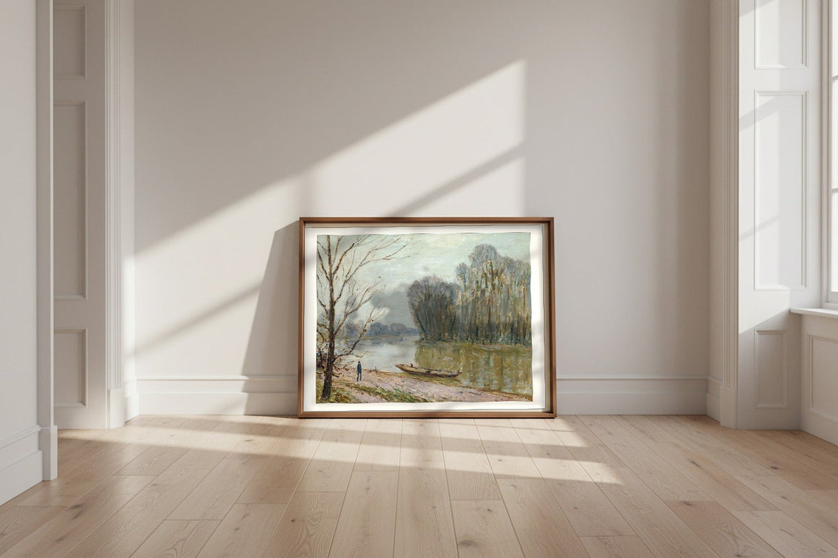 The Loire — Alfred Sisley Fine Art Poster shown framed and leaning against a wall in a sunlit room