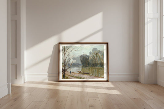 The Loire — Alfred Sisley Fine Art Poster shown framed and leaning against a wall in a sunlit room