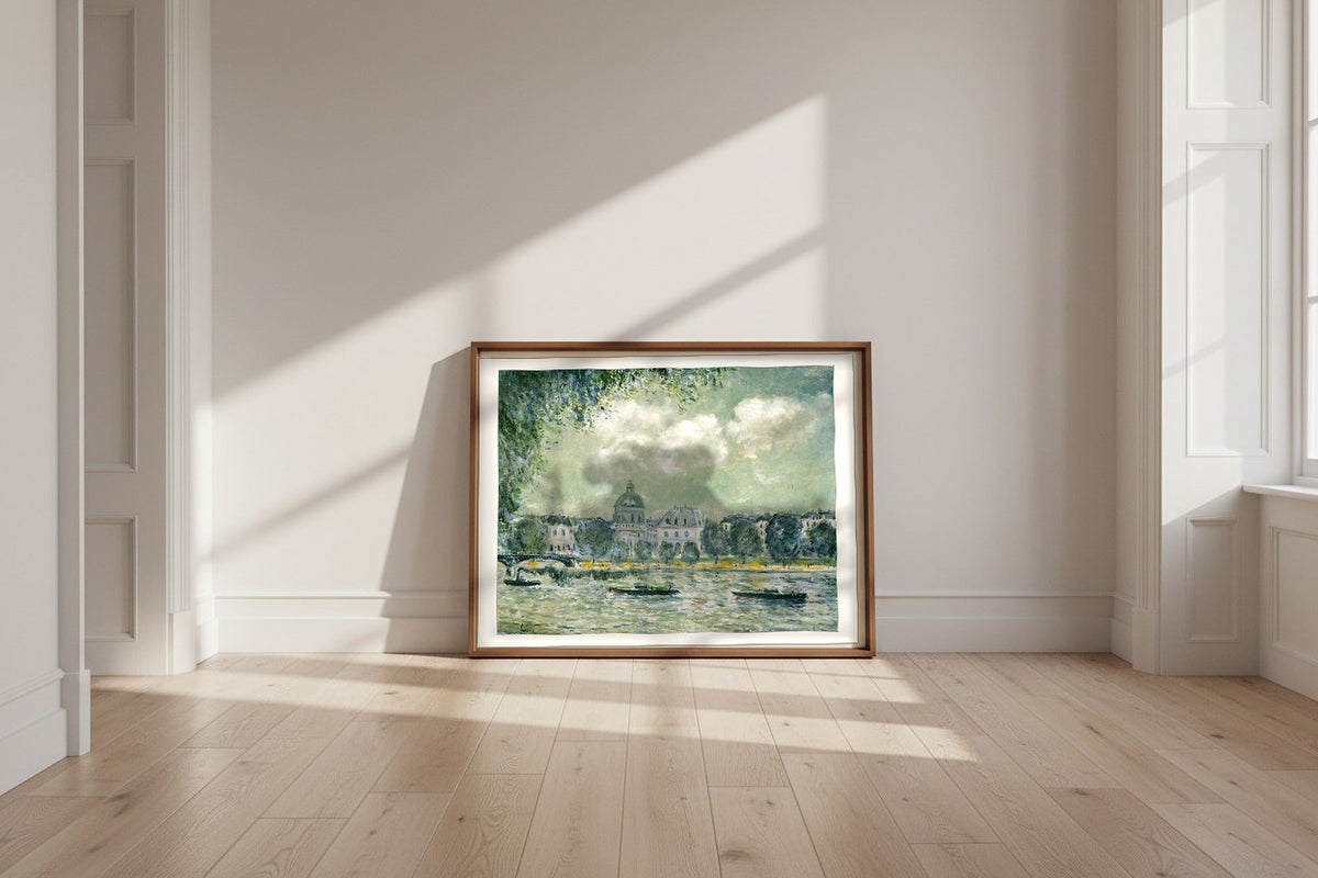 Landscape along the Seine with the Institut de France and the Pont des Arts — Alfred Sisley Fine Art Poster shown framed and leaning against a wall in a sunlit room