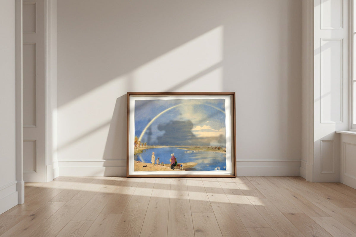 An April Shower A View from Binsey Ferry Near Oxford, Looking Towards Port Meadow and Godstow — William Turner Fine Art Poster shown framed and leaning against a wall in a sunlit room
