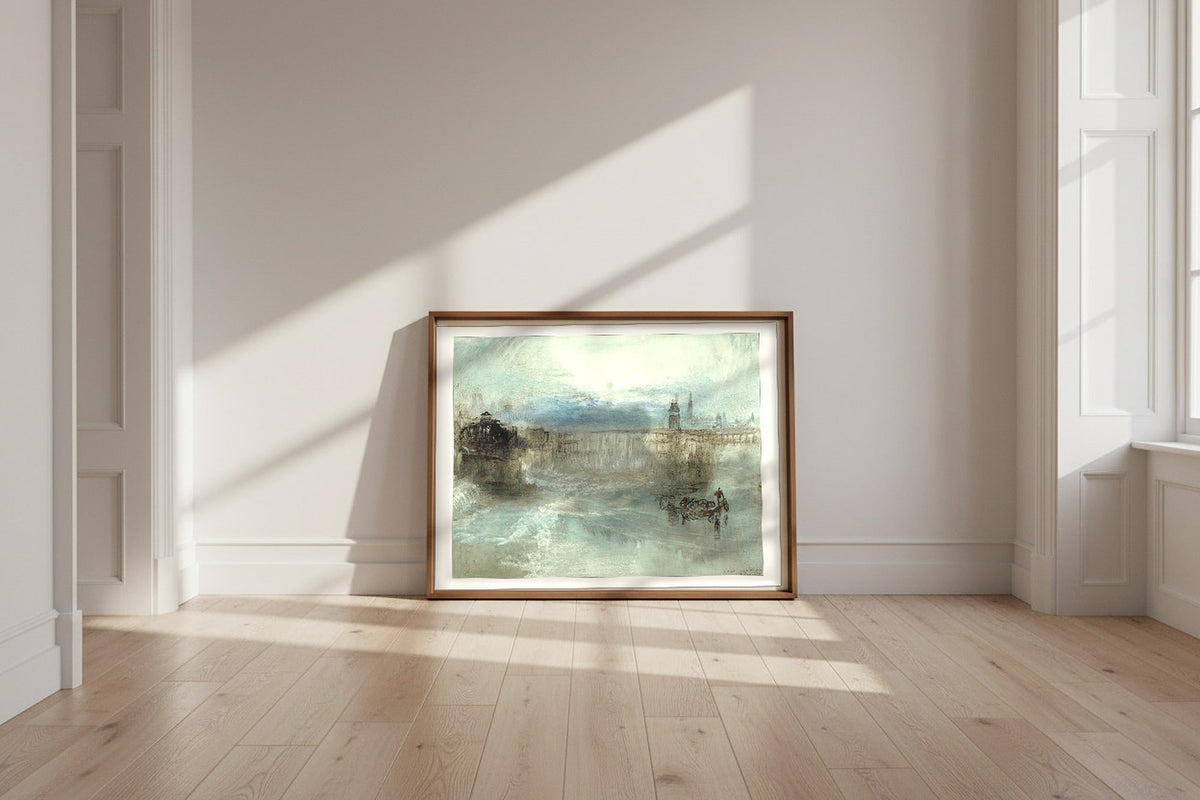 View of Lucerne — Joseph Mallord William Turner Fine Art Poster shown framed and leaning against a wall in a sunlit room