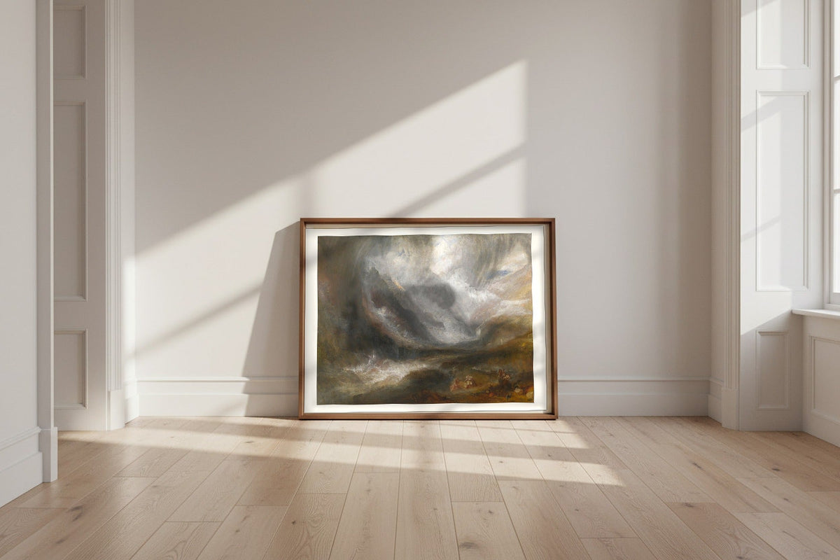 Valley of Aosta Snowstorm, Avalanche, and Thunderstorm — Joseph Mallord William Turner Fine Art Poster shown framed and leaning against a wall in a sunlit room
