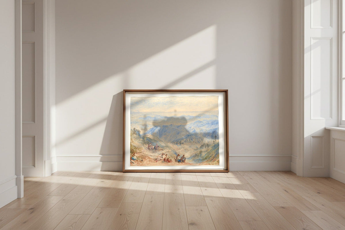 Mussooree and the Dhoon from Landour — Joseph Mallord William Turner Fine Art Poster shown framed and leaning against a wall in a sunlit room