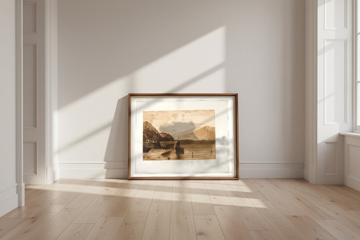 Inverary Pier Loch Fyne, Morning — Joseph Mallord William Turner Fine Art Poster shown framed and leaning against a wall in a sunlit room
