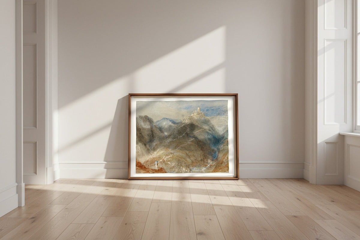 Castle on Height near Geneva — Joseph Mallord William Turner Fine Art Poster shown framed and leaning against a wall in a sunlit room