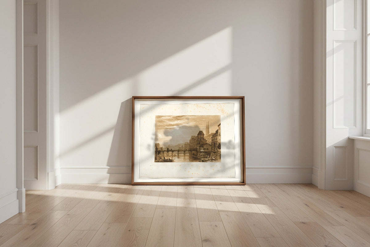 Basle, plate 5 from Liber Studiorum — Joseph Mallord William Turner Fine Art Poster shown framed and leaning against a wall in a sunlit room