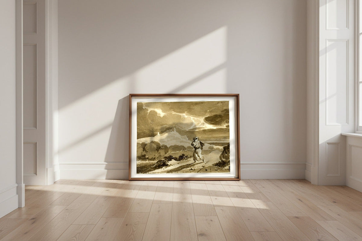 Woman with Baby Fleeing Across Moors — John Constable Fine Art Poster shown framed and leaning against a wall in a sunlit room