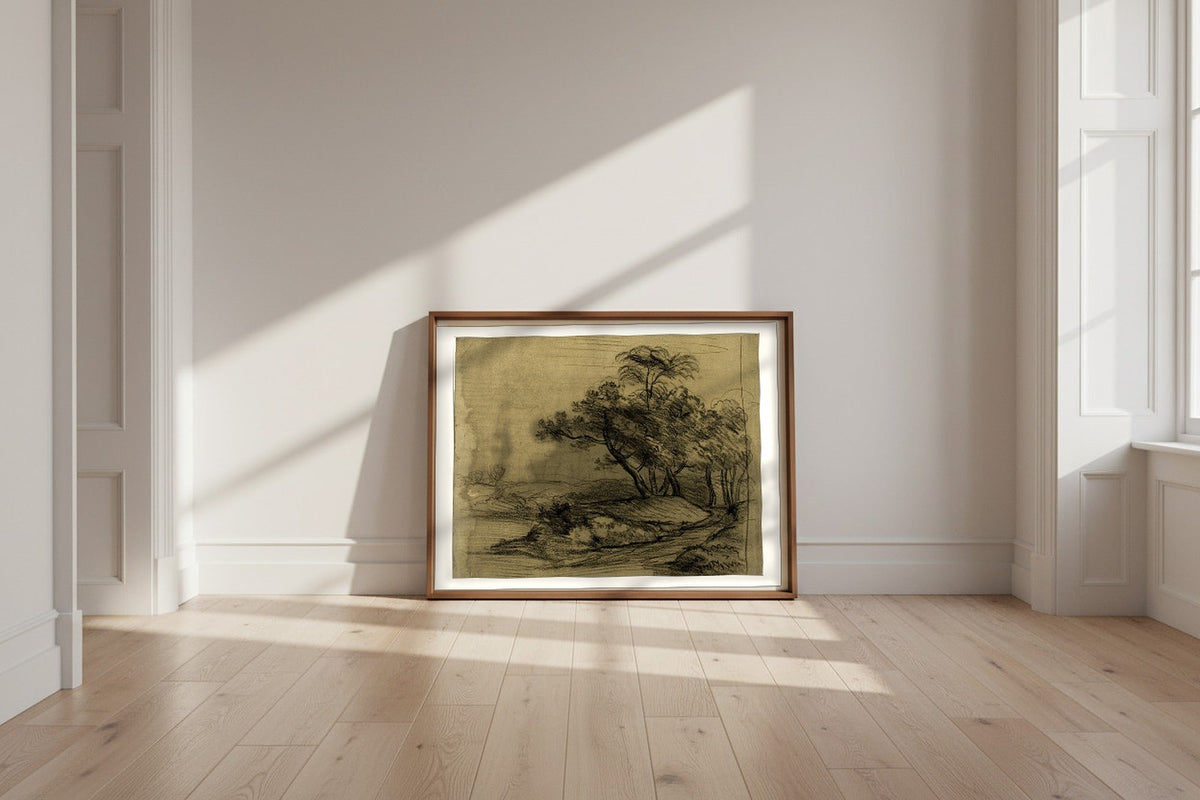 River Bank with Trees (recto); Herd of Cattle Beneath Trees, with Inset Sketch of Landscape (verso) — John Constable Fine Art Poster shown framed and leaning against a wall in a sunlit room