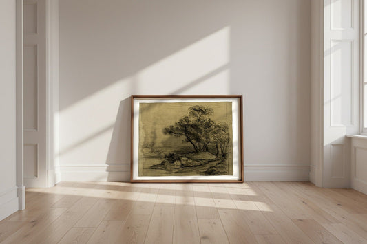 River Bank with Trees (recto); Herd of Cattle Beneath Trees, with Inset Sketch of Landscape (verso) — John Constable Fine Art Poster shown framed and leaning against a wall in a sunlit room
