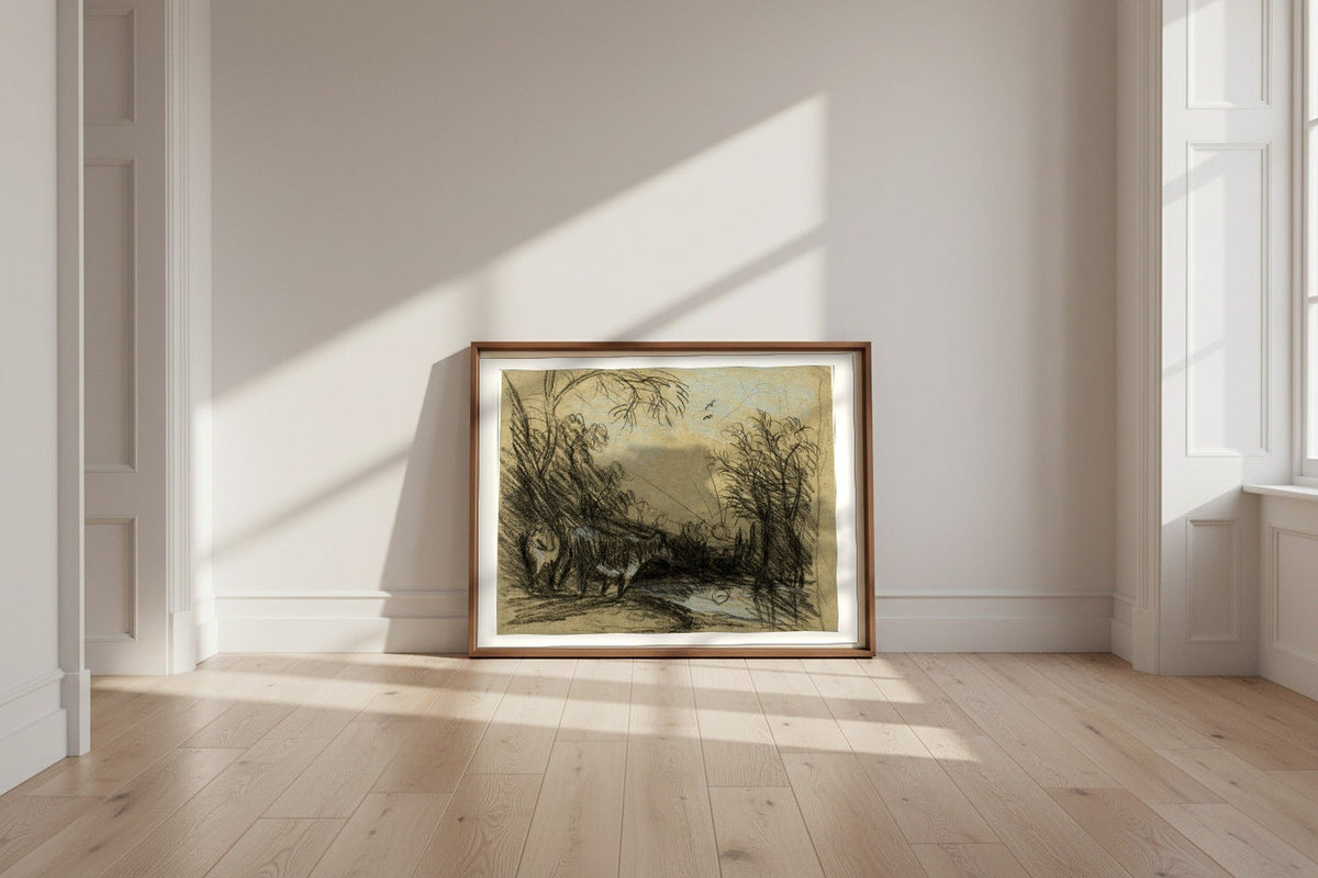 Landscape with Cows — John Constable Fine Art Poster shown framed and leaning against a wall in a sunlit room