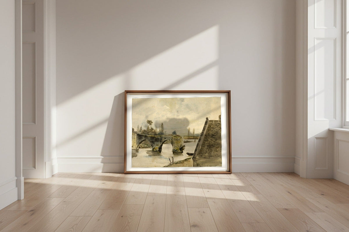 The Old Bridge at Mantes — Eugène Delacroix Fine Art Poster shown framed and leaning against a wall in a sunlit room