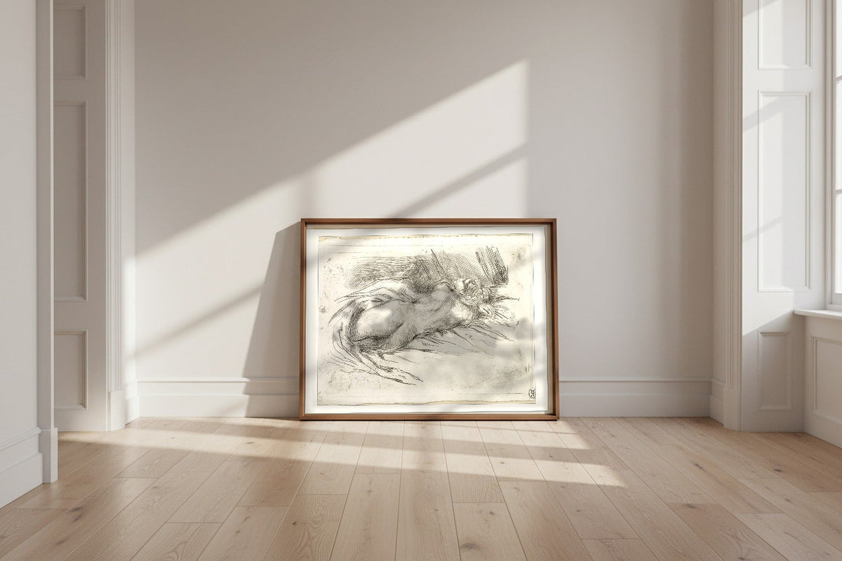 Study of a Woman Seen from the Back — Eugène Delacroix Fine Art Poster shown framed and leaning against a wall in a sunlit room