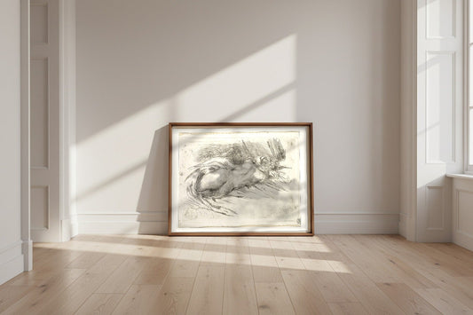Study of a Woman Seen from the Back — Eugène Delacroix Fine Art Poster shown framed and leaning against a wall in a sunlit room
