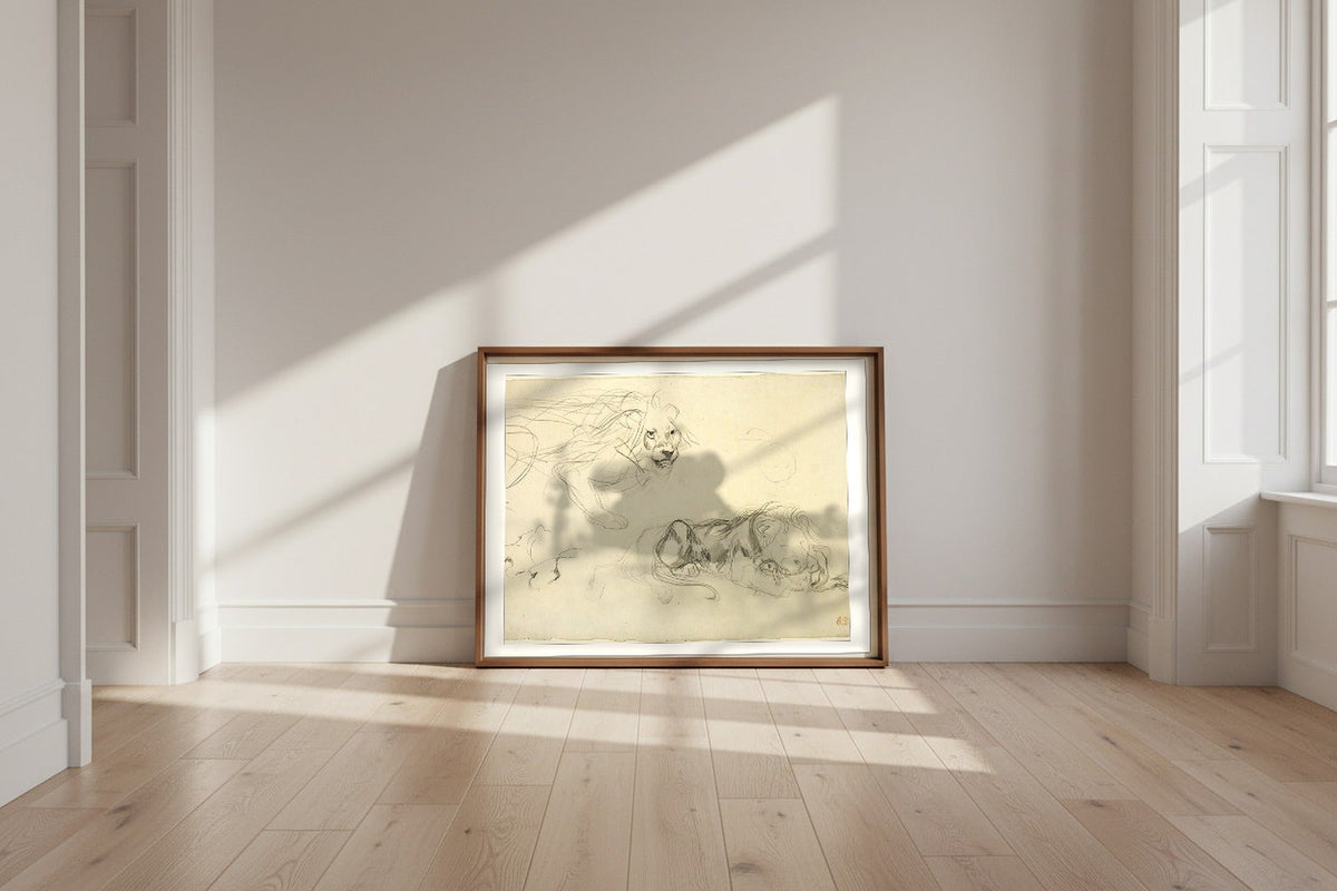 Studies of Lions — Eugène Delacroix Fine Art Poster shown framed and leaning against a wall in a sunlit room