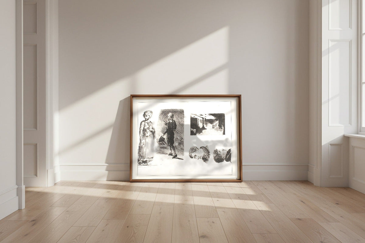 Sheet of Sketches — Eugène Delacroix Fine Art Poster shown framed and leaning against a wall in a sunlit room