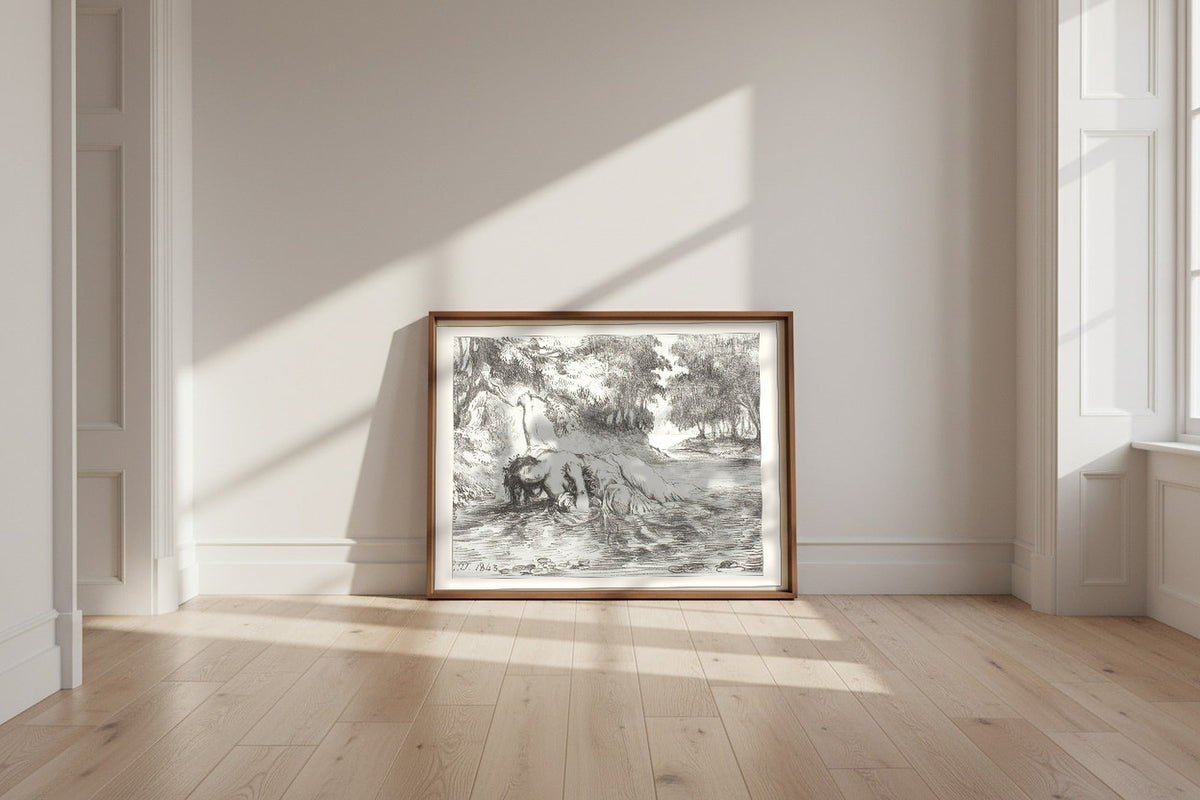 Ophelia's Death — Eugène Delacroix Fine Art Poster shown framed and leaning against a wall in a sunlit room