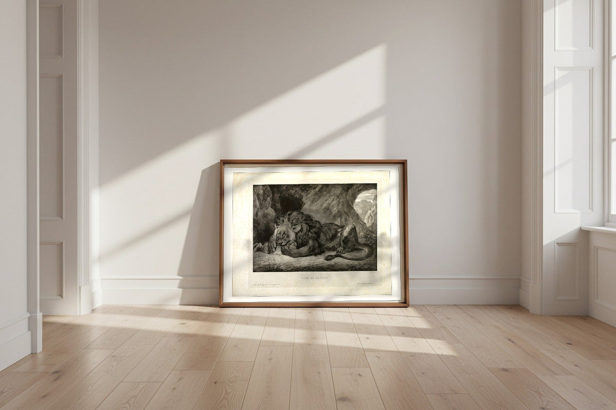 Lion of the Atlas Mountains — Eugène Delacroix Fine Art Poster shown framed and leaning against a wall in a sunlit room