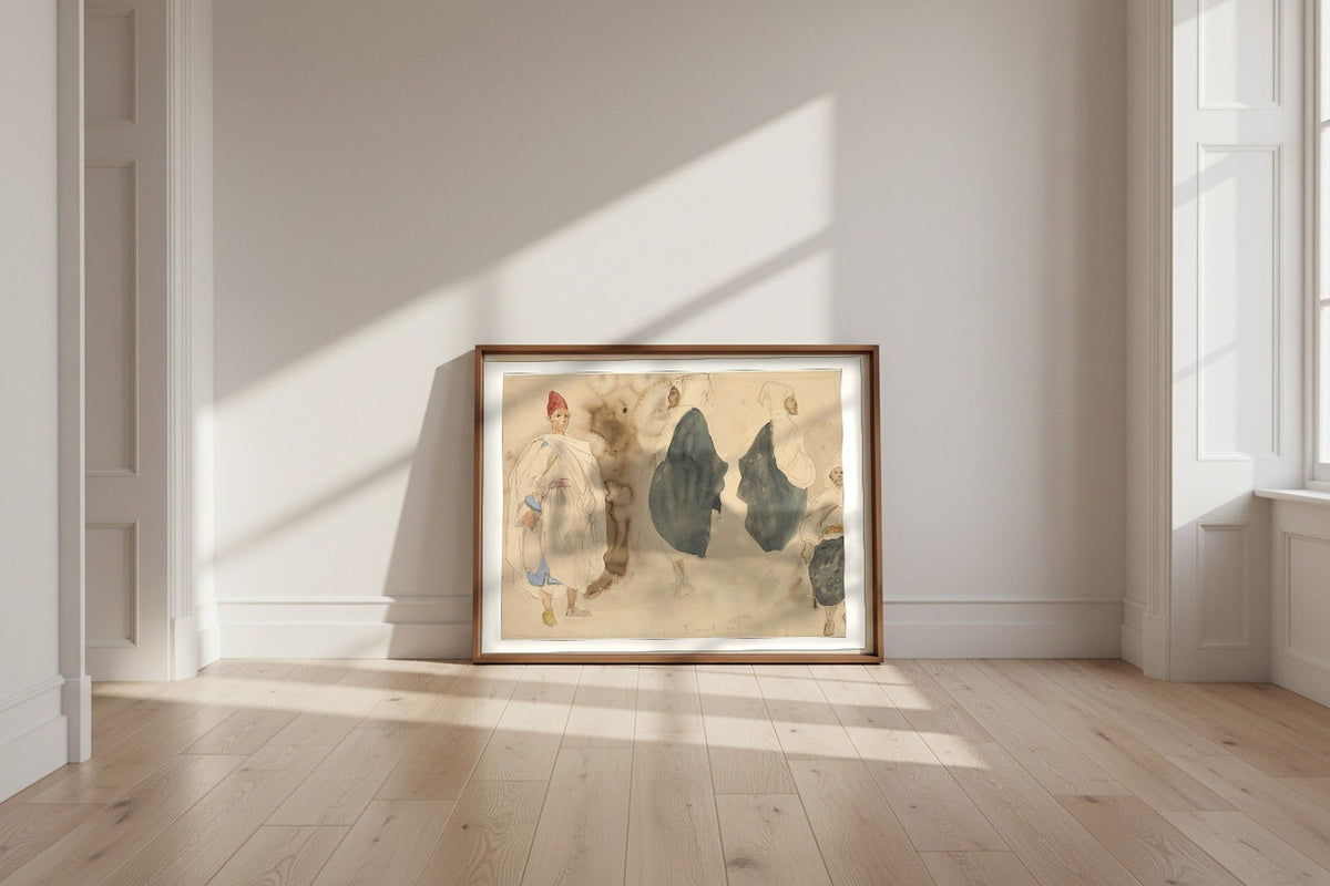 Four Sketches of Arab Men — Eugène Delacroix Fine Art Poster shown framed and leaning against a wall in a sunlit room
