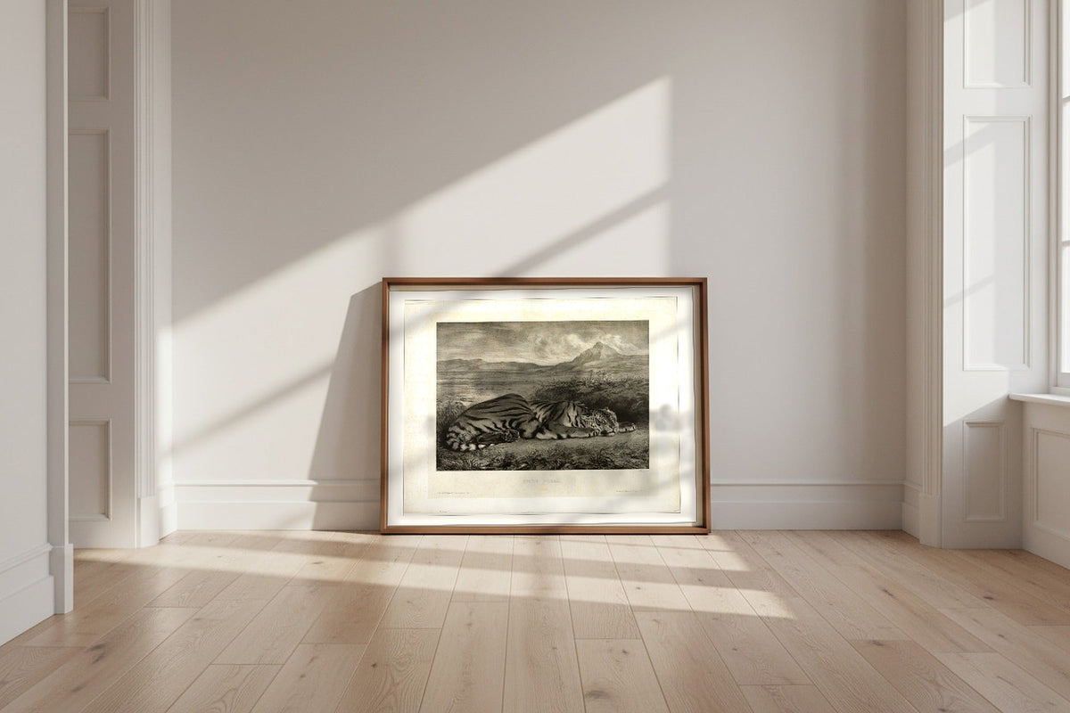 Bengal Tiger — Eugène Delacroix Fine Art Poster shown framed and leaning against a wall in a sunlit room