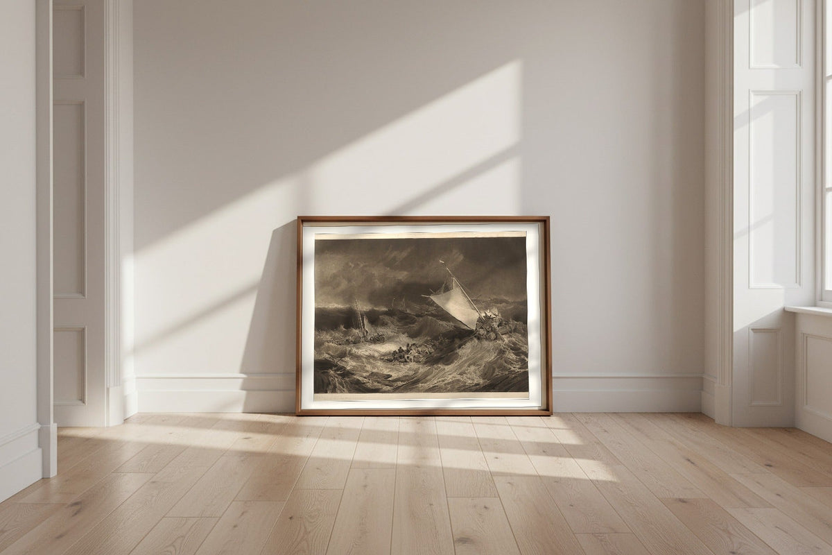 A Shipwreck — Charles Turner Fine Art Poster shown framed and leaning against a wall in a sunlit room