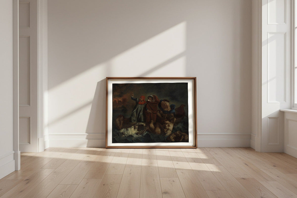 Dante's Bark (after Eugène Delacroix) Fine Art Poster shown framed and leaning against a wall in a sunlit room
