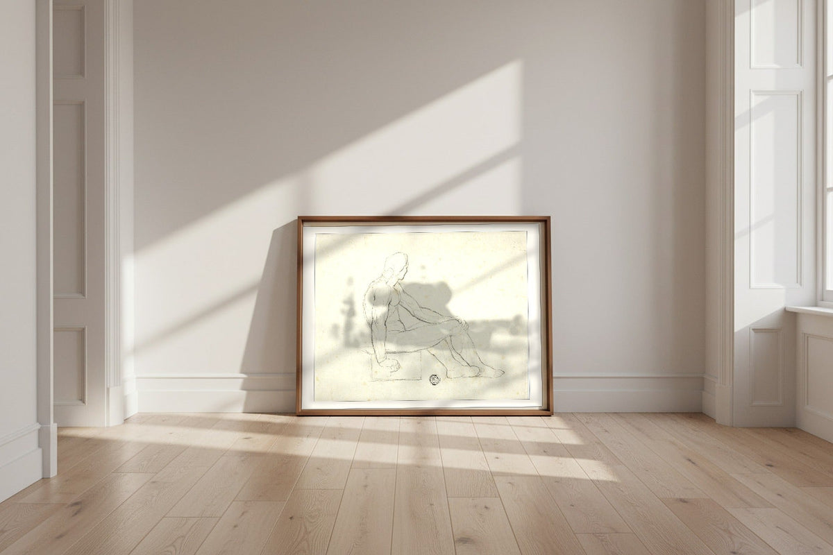 Seated Male Nude (style of Jacques Louis David) Fine Art Poster shown framed and leaning against a wall in a sunlit room
