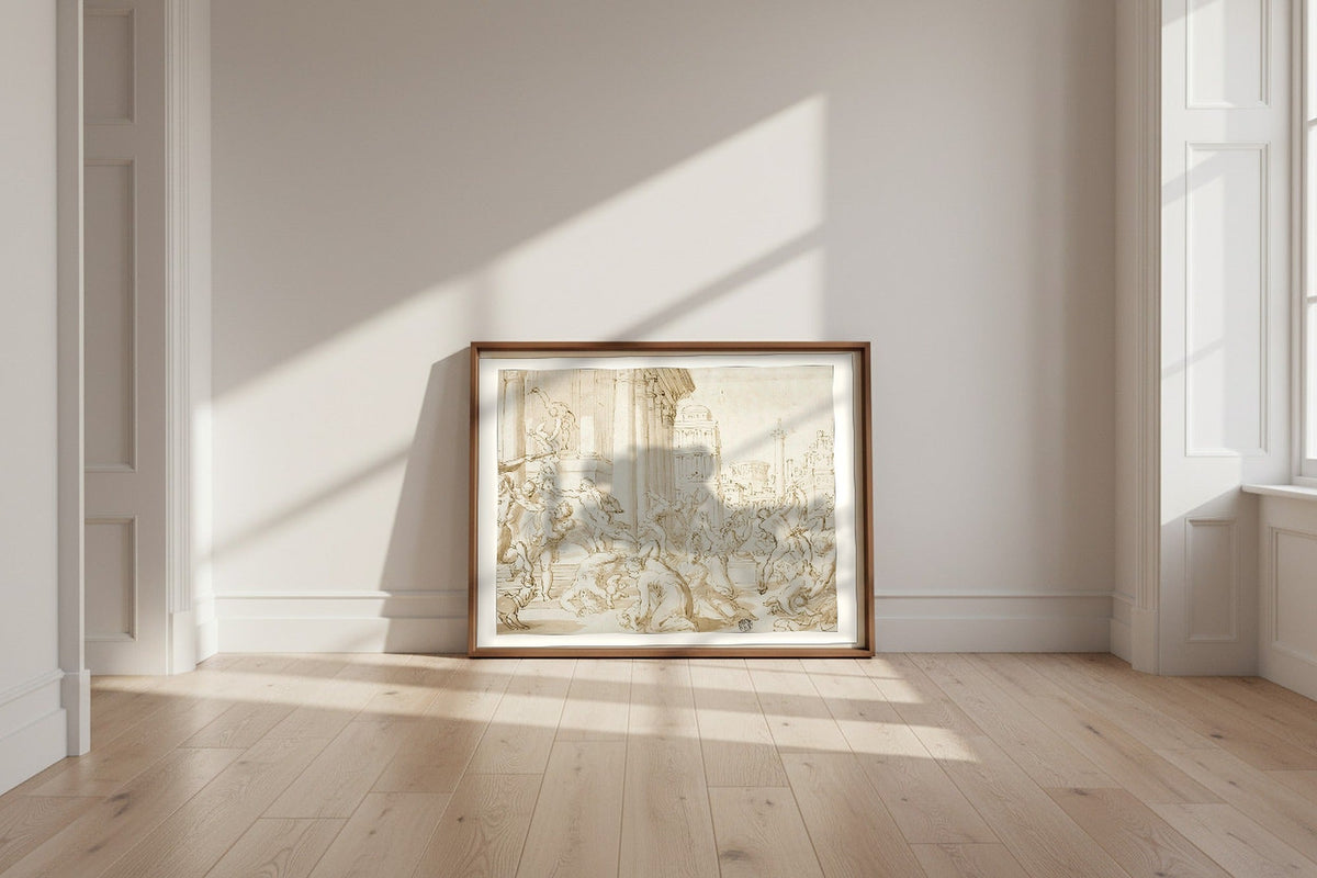 Massacre of the Innocents (recto); Figure Sketches (verso) (school of Nicolas Poussin) Fine Art Poster shown framed and leaning against a wall in a sunlit room