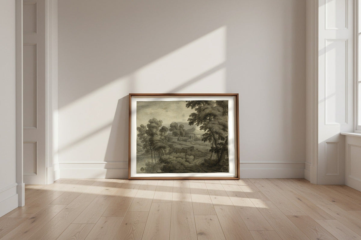 Italianate Landscape with Castle, Trees and Water in Foreground (school of Nicolas Poussin) Fine Art Poster shown framed and leaning against a wall in a sunlit room