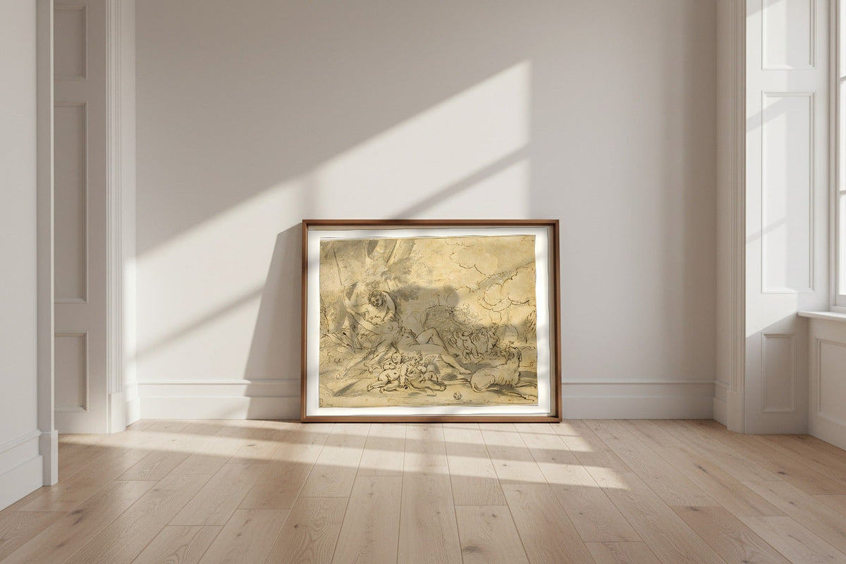 Figures, Chariot and Dog — Nicolas Poussin Fine Art Poster shown framed and leaning against a wall in a sunlit room
