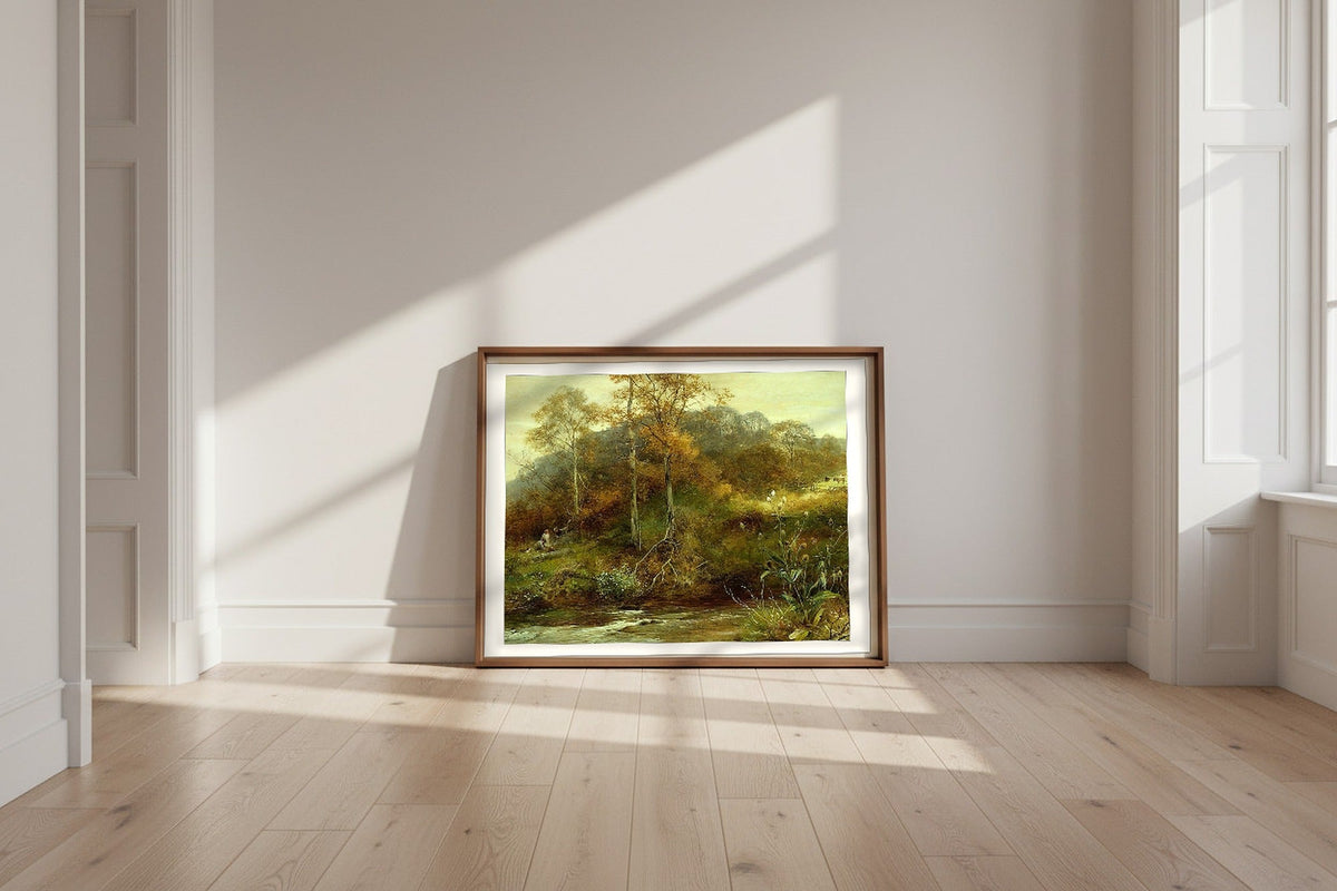 Autumn River Scene, The Brook — David Bates Fine Art Poster shown framed and leaning against a wall in a sunlit room
