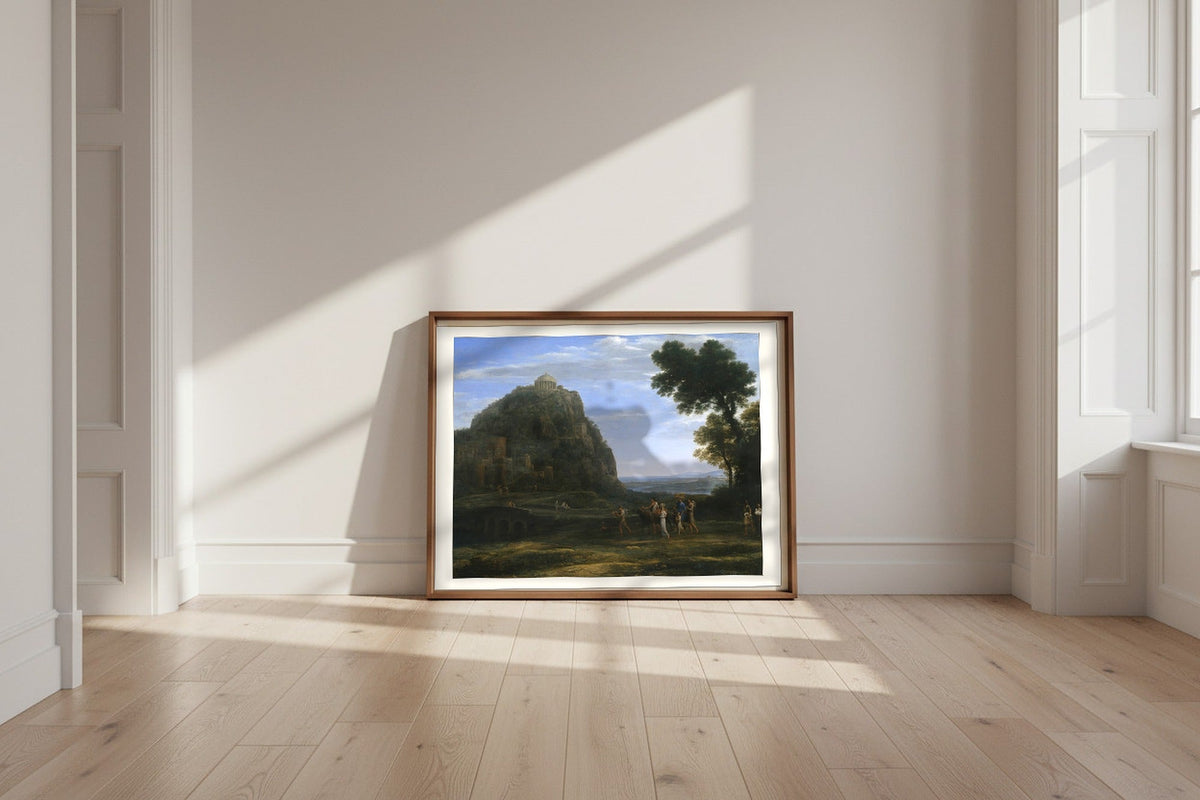 View of Delphi with a Procession — Claude Lorrain Fine Art Poster shown framed and leaning against a wall in a sunlit room