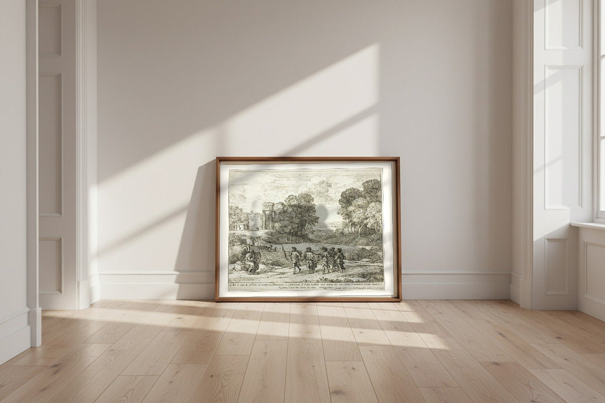 Time, Apollo and the Seasons — Claude Lorrain Fine Art Poster shown framed and leaning against a wall in a sunlit room