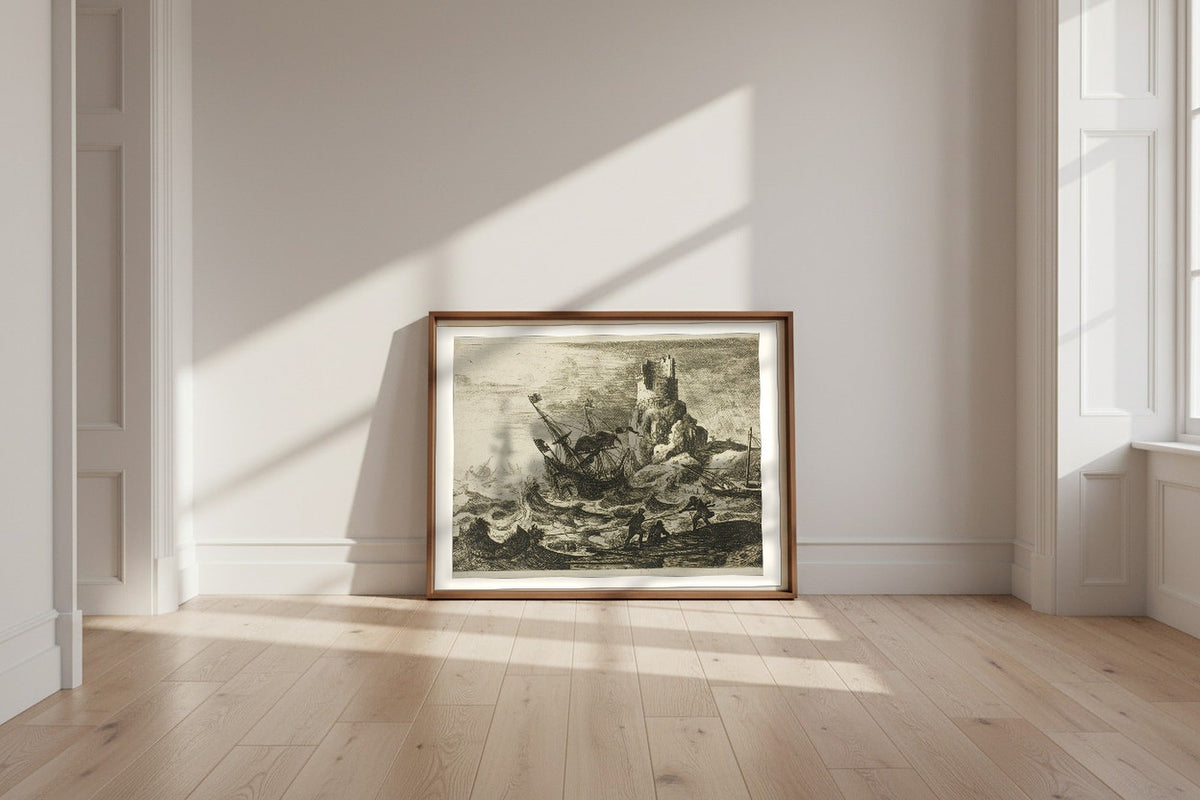 The Shipwreck — Claude Lorrain Fine Art Poster shown framed and leaning against a wall in a sunlit room