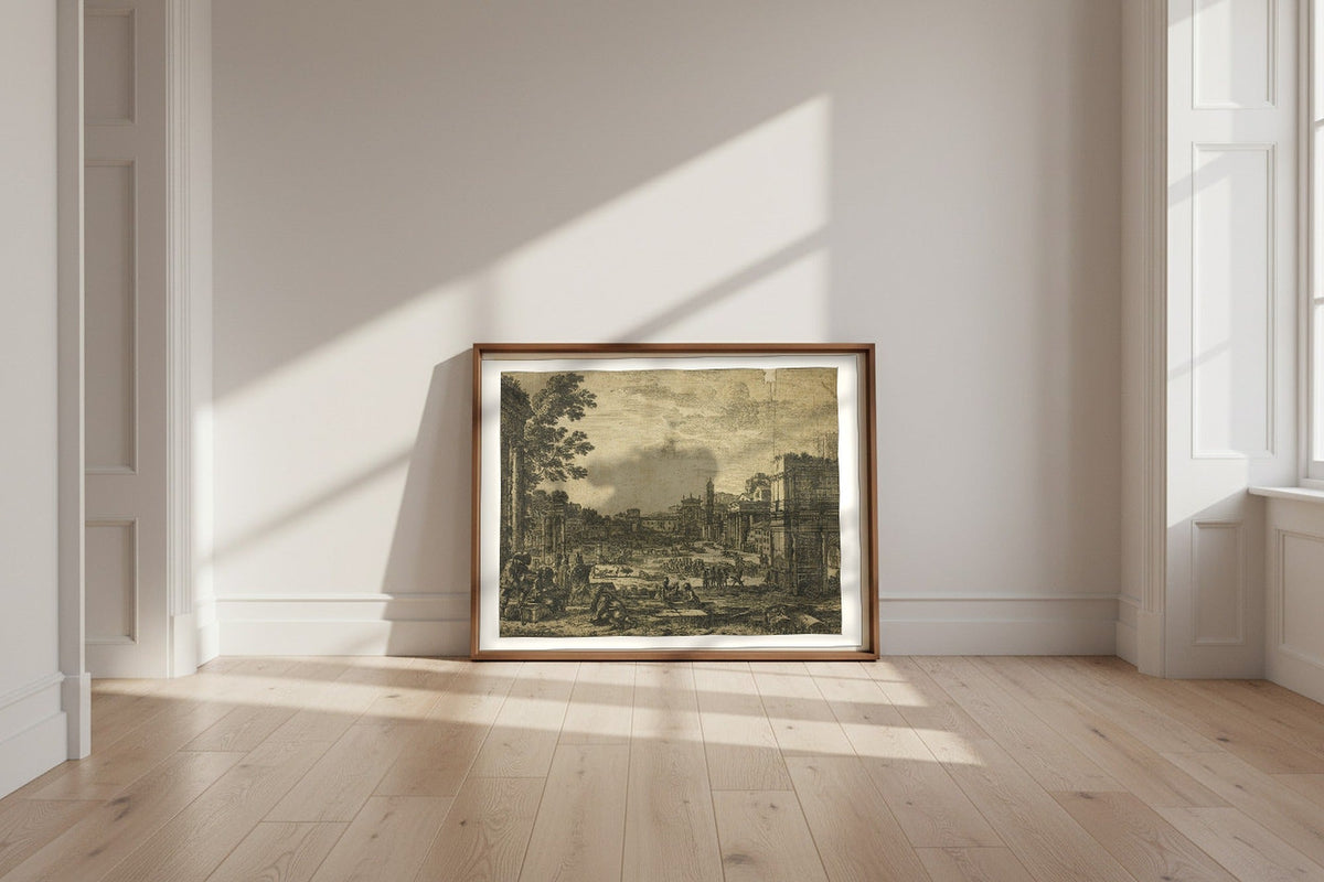 The Roman Forum — Claude Lorrain Fine Art Poster shown framed and leaning against a wall in a sunlit room