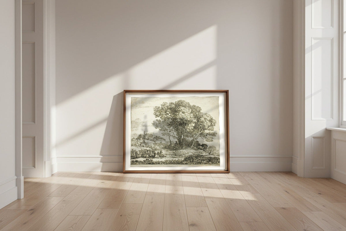 The Goatherd — Claude Lorrain Fine Art Poster shown framed and leaning against a wall in a sunlit room