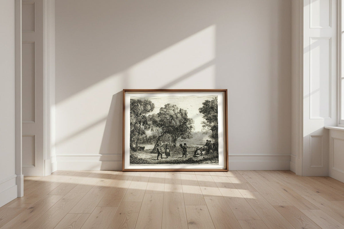 The Country Dance — Claude Lorrain Fine Art Poster shown framed and leaning against a wall in a sunlit room