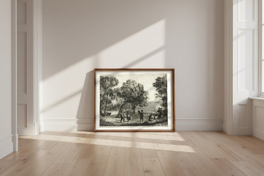 The Country Dance — Claude Lorrain Fine Art Poster shown framed and leaning against a wall in a sunlit room