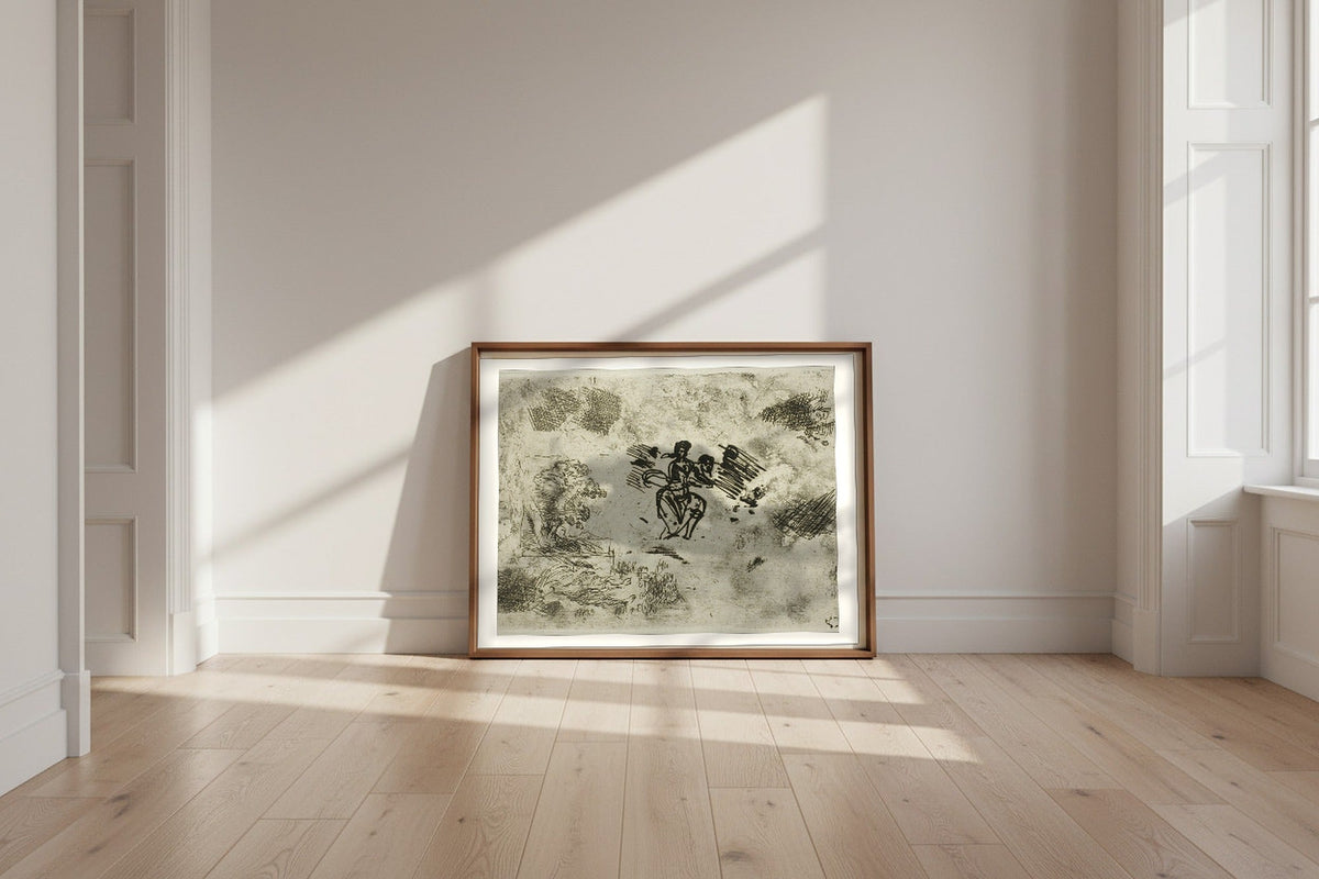 Seated Woman and Other Sketches — Claude Lorrain Fine Art Poster shown framed and leaning against a wall in a sunlit room
