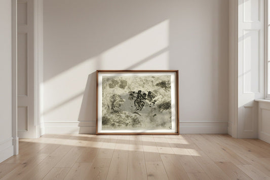 Seated Woman and Other Sketches — Claude Lorrain Fine Art Poster shown framed and leaning against a wall in a sunlit room