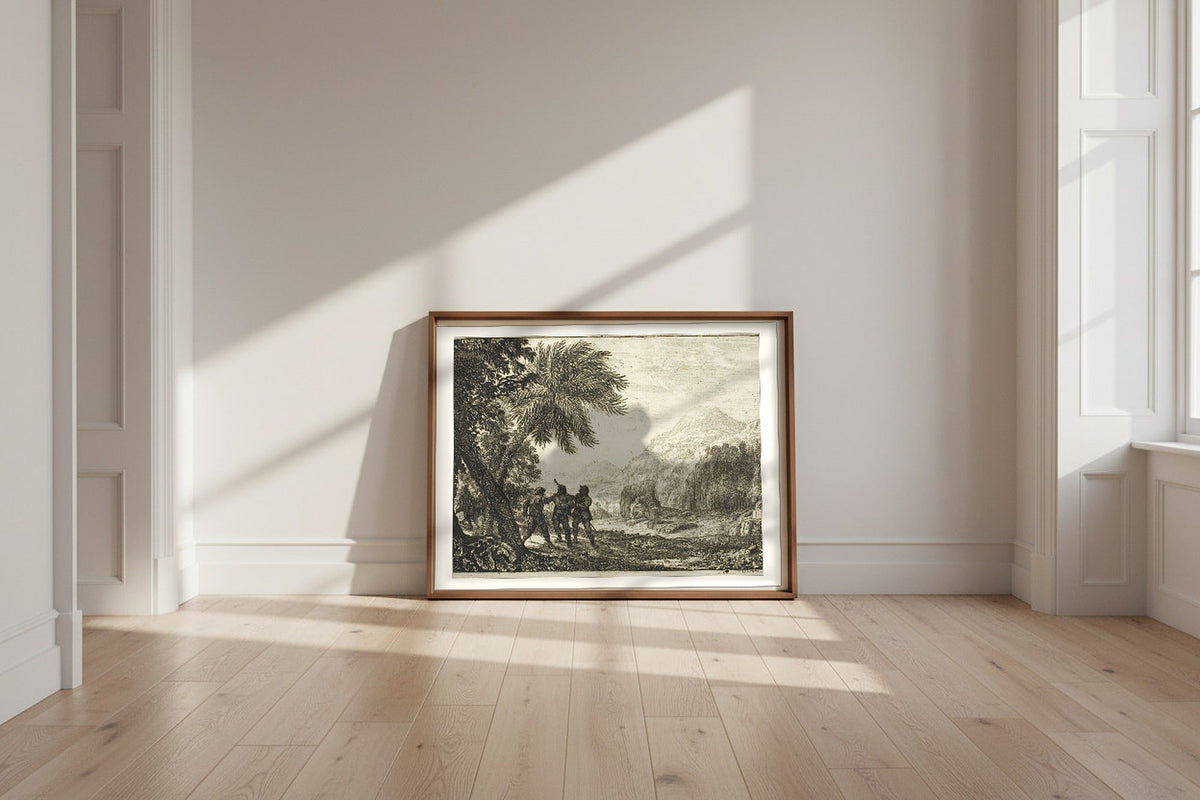 Scene of Brigands — Claude Lorrain Fine Art Poster shown framed and leaning against a wall in a sunlit room