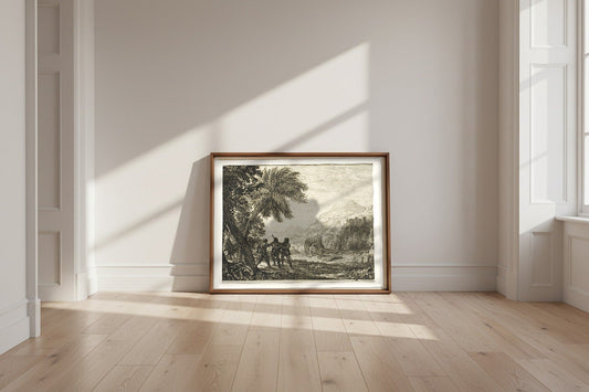 Scene of Brigands — Claude Lorrain Fine Art Poster shown framed and leaning against a wall in a sunlit room