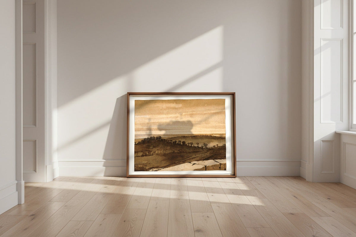 Panorama from the Sasso — Claude Lorrain Fine Art Poster shown framed and leaning against a wall in a sunlit room