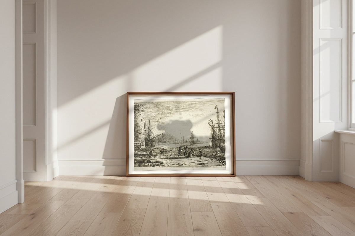 Harbor with a Large Tower — Claude Lorrain Fine Art Poster shown framed and leaning against a wall in a sunlit room