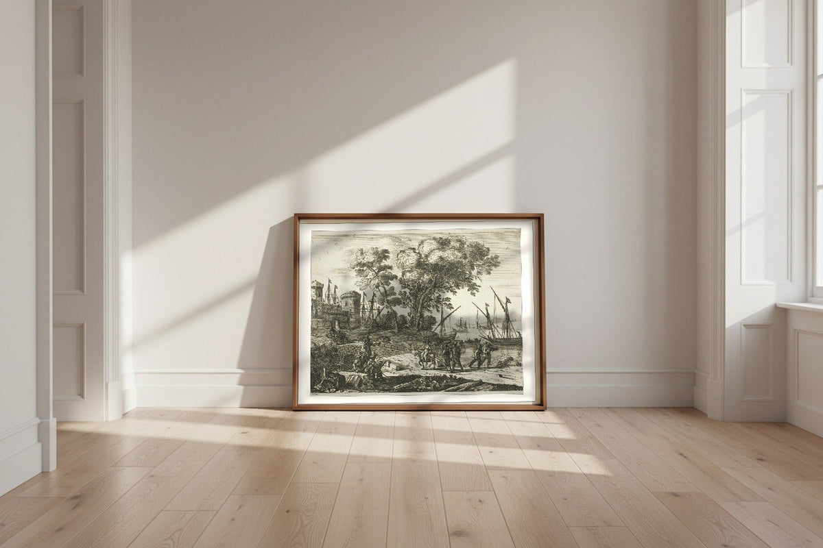Coast Scene with an Artist Drawing — Claude Lorrain Fine Art Poster shown framed and leaning against a wall in a sunlit room