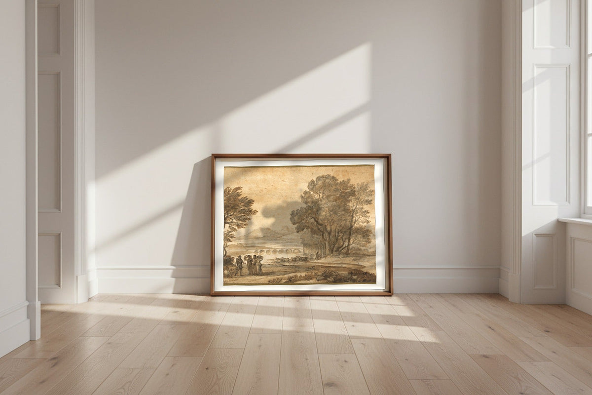 A Wooded River Landscape with Jacob, Laban, and His Daughters — Claude Lorrain Fine Art Poster shown framed and leaning against a wall in a sunlit room