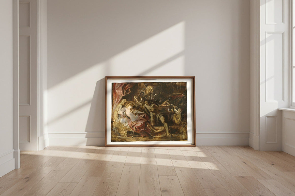 The Capture of Samson — Peter Paul Rubens Fine Art Poster shown framed and leaning against a wall in a sunlit room