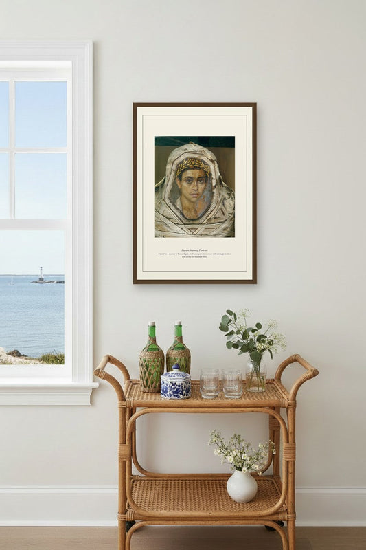 Fayum Mummy Portrait framed above a beige sectional in a bright living room